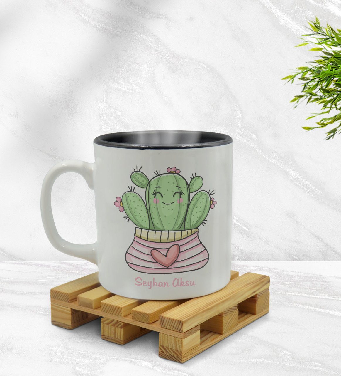 Kişiye Özel Kaktüs Tasarımlı İçi Siyah Renkli Kupa Bardak Model 2