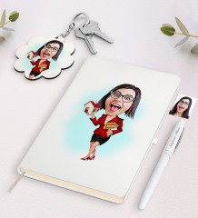 Kişiye Özel Kadın Emlakçı Karikatürlü Beyaz Defter Kalem ve Anahtarlık Hediye Seti-2