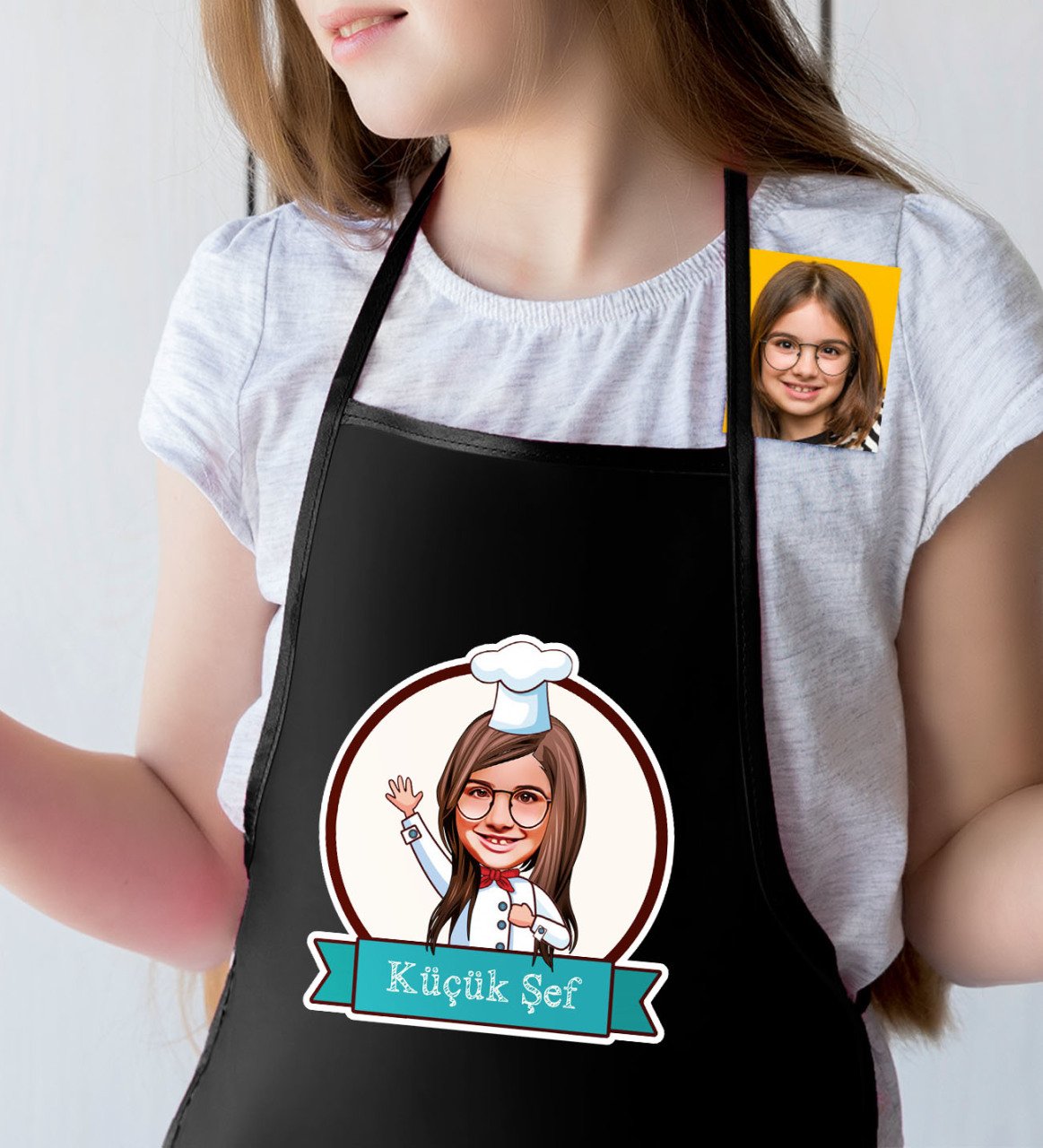 Kişiye Özel Küçük Şef Karikatürlü Kız Çocuk Siyah Mutfak Önlüğü-5