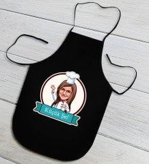 Kişiye Özel Küçük Şef Karikatürlü Kız Çocuk Siyah Mutfak Önlüğü-5