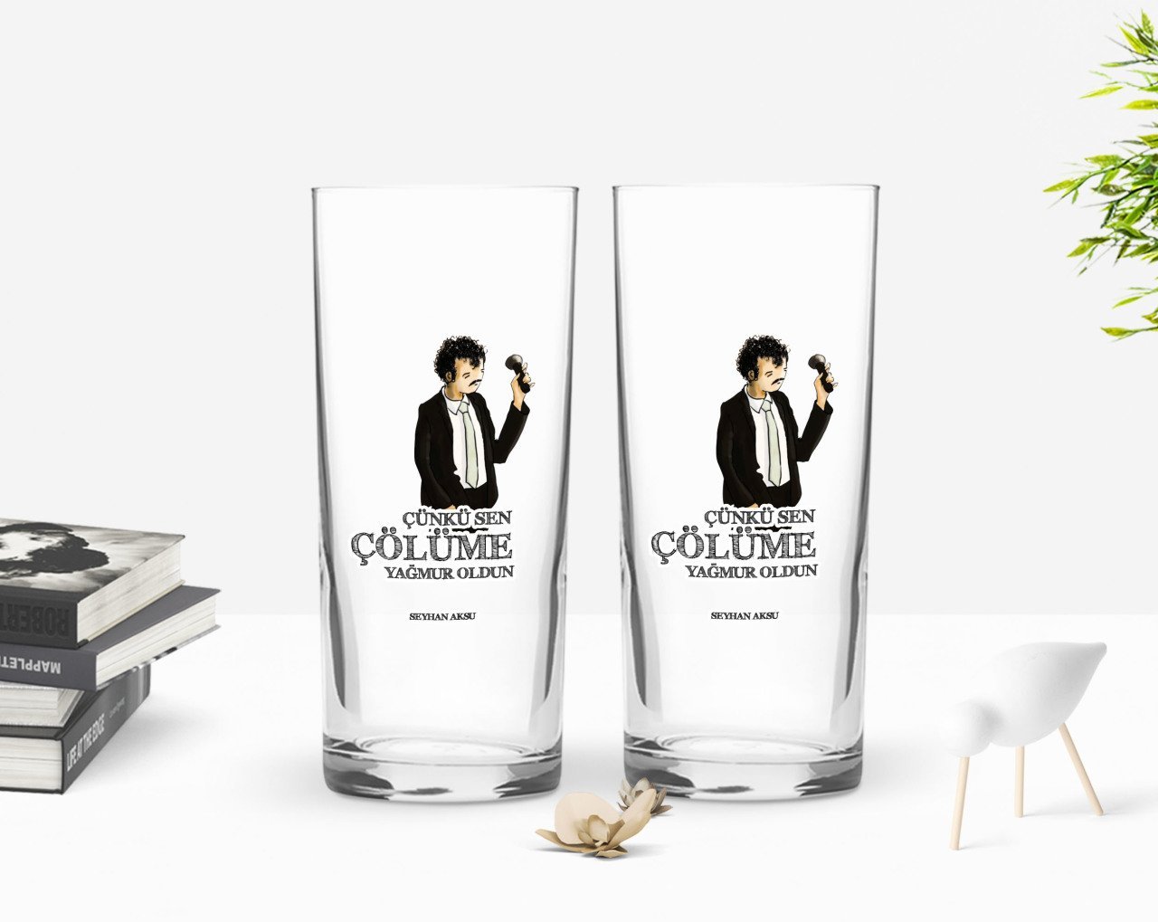 Kişiye Özel Renkli Baskılı Çünkü Sen Çölüme Yağmur Oldun Tasarımlı İkili Rakı Bardağı Seti-2