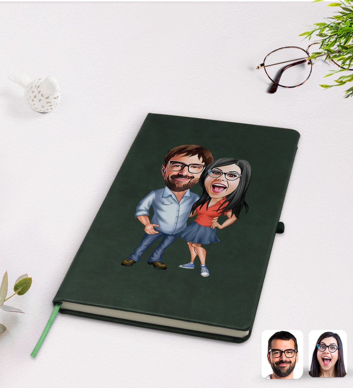 Kişiye Özel Sevgililer Karikatürlü Yeşil Termo Deri Defter Model 105