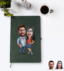 Kişiye Özel Sevgililer Karikatürlü Yeşil Termo Deri Defter Model 105