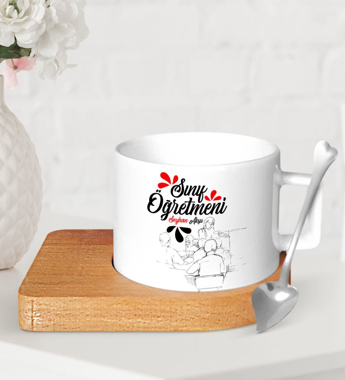 Kişiye Özel Sınıf Öğretmeni Ahşap Altlıklı Seramik Fincan-10
