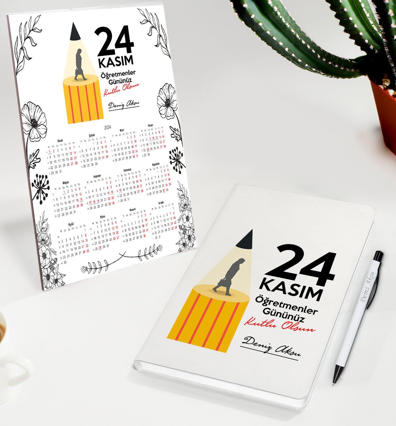 BK Gift Kişiye Özel İsimli Öğretmenler Günü Tasarımlı Defter Tükenmez Kalem ve Masaüstü 2024 Takvim Hediye Seti - 11, Öğretmene Hediye, Öğretmenler Günü