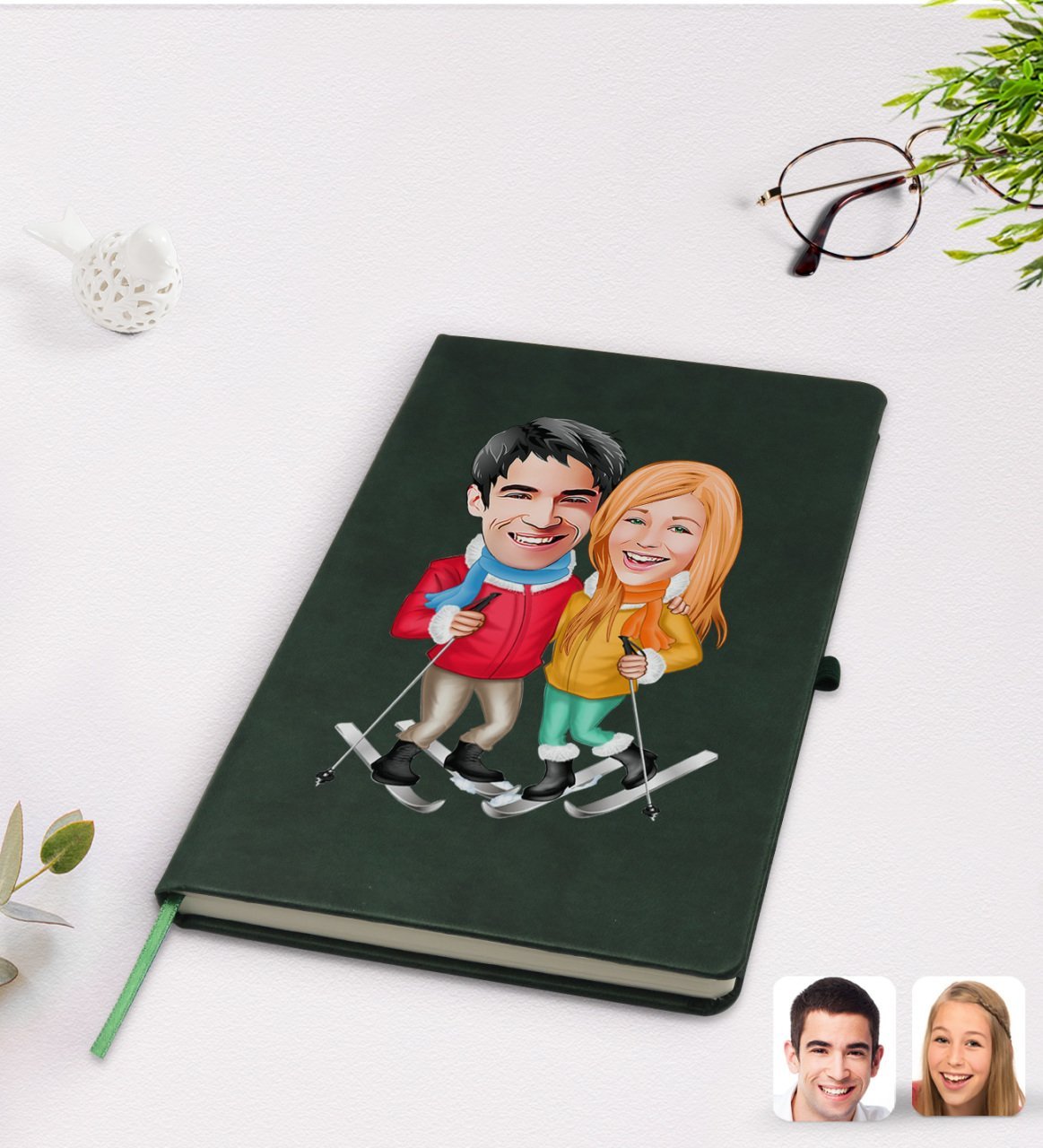 Kişiye Özel Sevgililer Karikatürlü Yeşil Termo Deri Defter Model 107