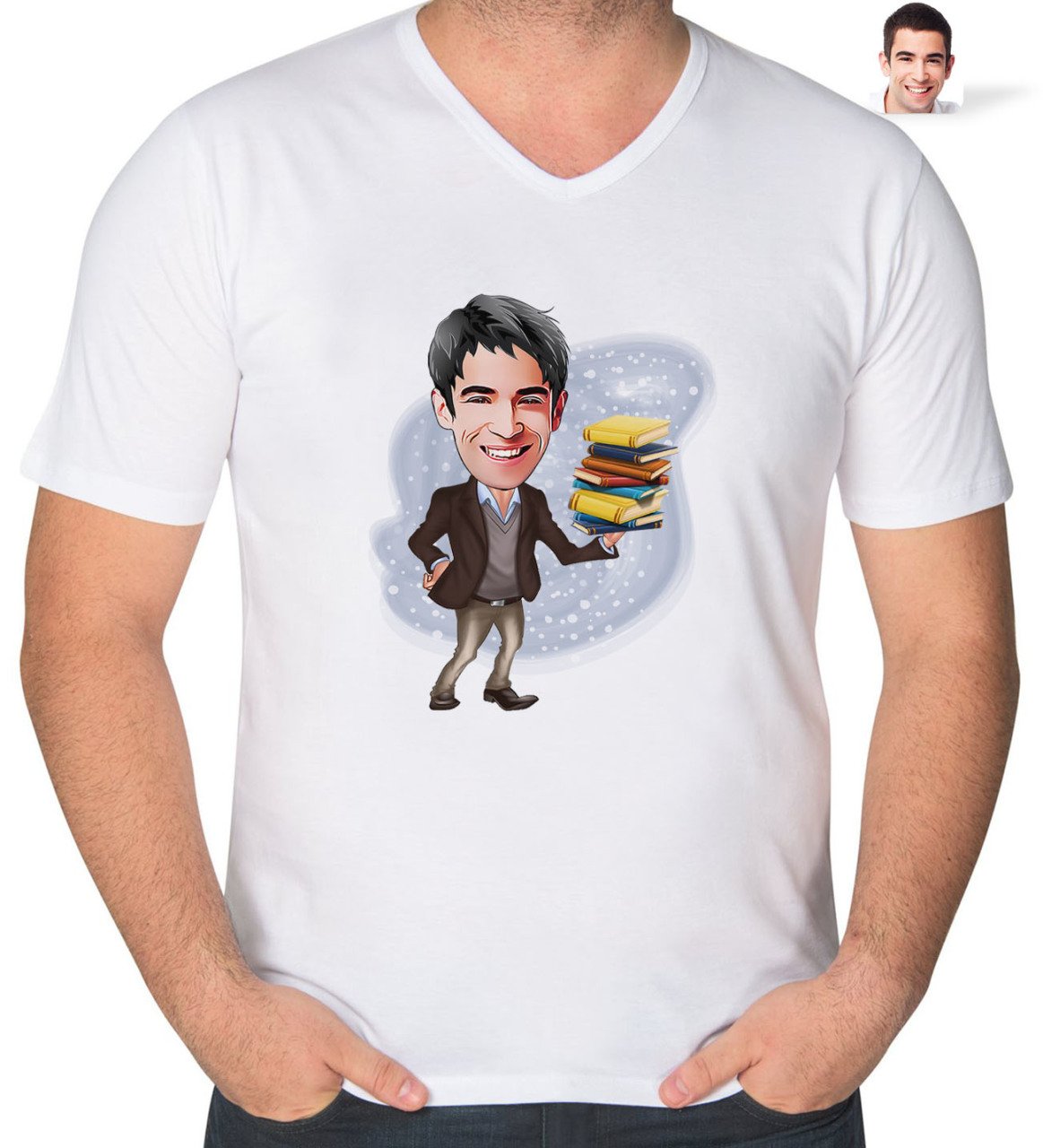 Kişiye Özel Erkek Öğretmen Karikatürlü V Yaka Tişört-1