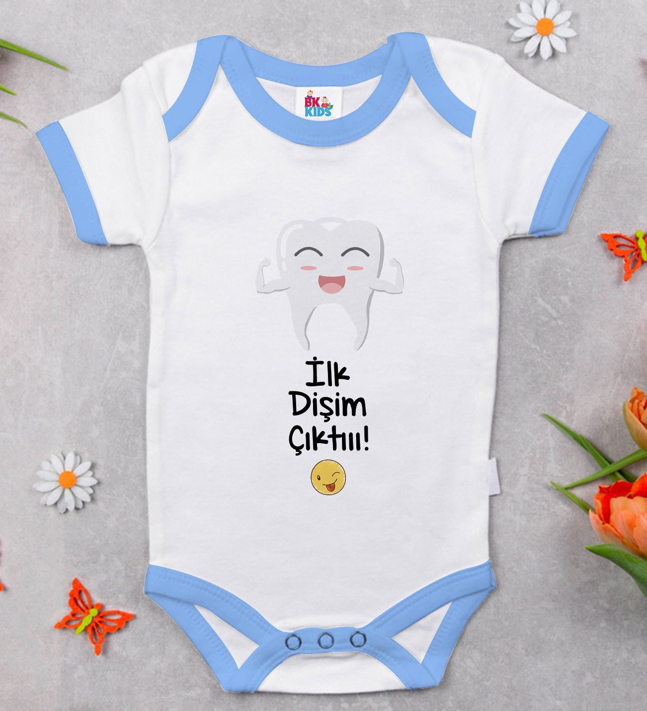 BK Kids İlk Diş Tasarımlı Mavi Bebek Body Zıbın-1