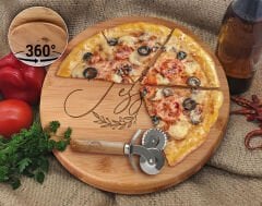 BK Gift Kişiye Özel İsimli Tarihli Bambu Ahşap Döner Tablalı Pizza Tahtası-1, Pizza Kesme Tahtası Seti, Şarküteri Tahtası, Servis Tepsisi, Ahşap Tabak, Eve Taşınma Hediyesi