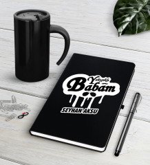 Kişiye Özel Yakışıklı Babam Siyah Defter Kalem Termos Mug Seti-2