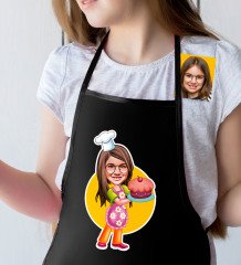 Kişiye Özel Küçük Şef Karikatürlü Kız Çocuk Siyah Mutfak Önlüğü-8