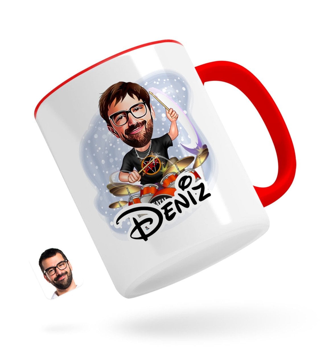Kişiye Özel Erkek Baterist Karikatürlü Kırmızı Kupa Bardak