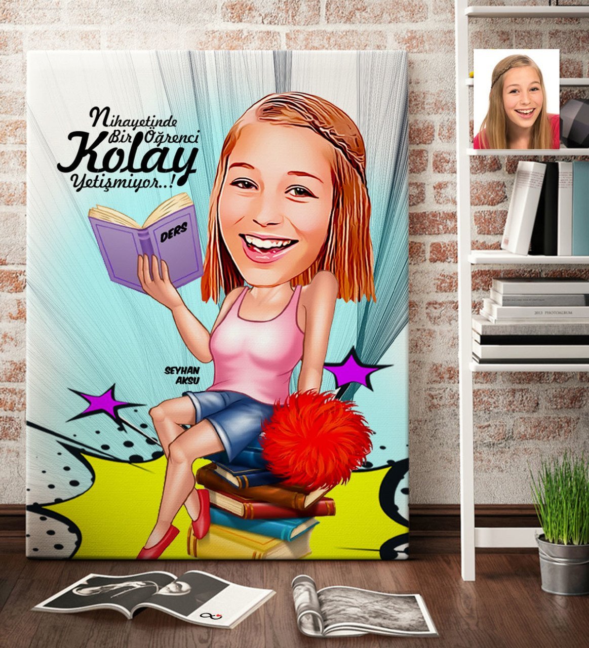 Kişiye Özel Bayan Öğrenci Karikatür Kanvas Tablo (70 x 100 cm.) 1