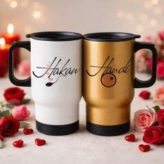 BK Gift Kişiye Özel Sevgili Çift Tasarımlı 2’li Kulplu Beyaz&Gold Çelik Termos Mug 450 ml -13, Sevgiliye Hediye, Sevgililer Günü Hediyesi