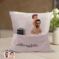 BK Gift Kişiye Özel Baba Oğul Karikatür Tasarımlı Organizer Kumanda ve Atıştırmalık Cepli Pembe Kırlent Yastık-20 Arkadaşa Hediye, Cepli Yastık