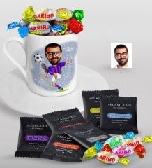 Kişiye Özel Futbolcu Karikatürlü Türk Kahvesi Fincanı Selamlique Karışık Türk Kahvesi ve Haribo Şeker Hediye Seti-1