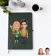 Kişiye Özel Sevgililer Karikatürlü Yeşil Termo Deri Defter Model 110