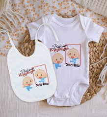 BK Kids Kişiye Özel Babamın Kopyasıyım Tasarımlı Bebek Body Zıbın ve Mama Önlüğü Hediye Seti - Model 1