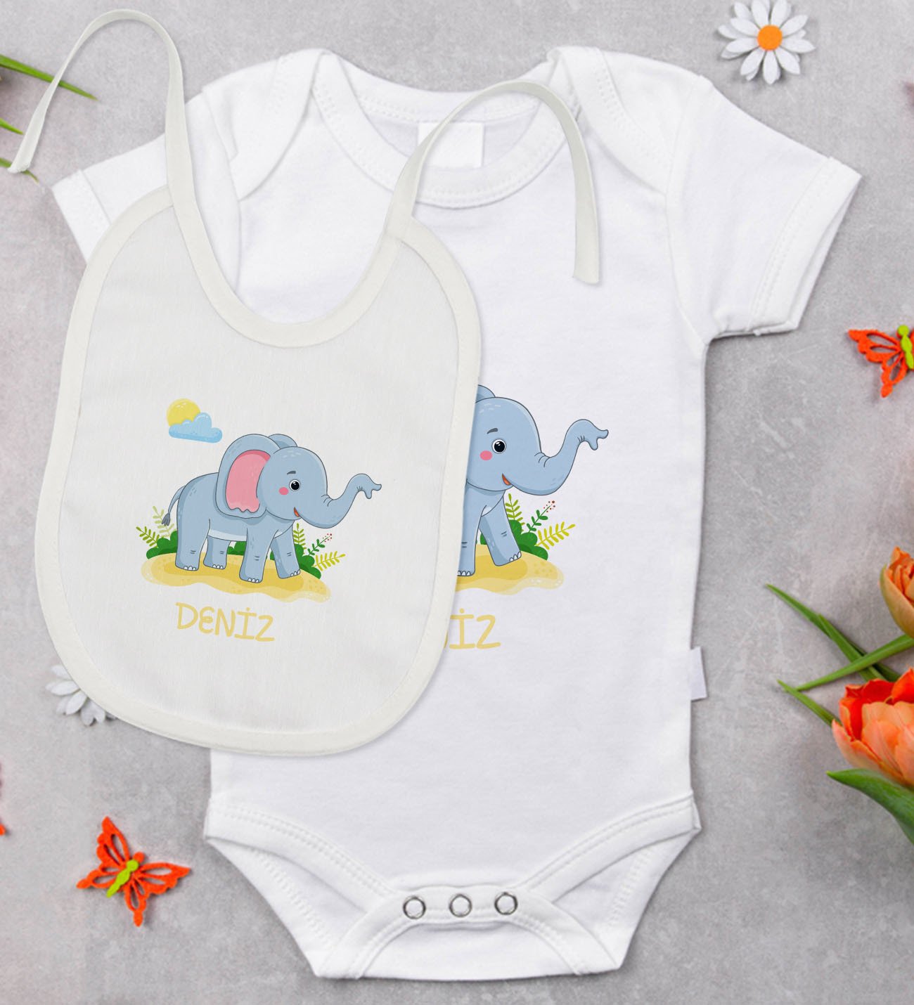BK Kids Kişiye Özel İsimli Bebek Body Zıbın ve Mama Önlüğü Hediye Seti - Model 19