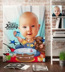 Kişiye Özel Bebek Doğum Günü Karikatür Kanvas Tablo (70 x 100 cm.) 1