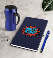 Kişiye Özel Süper Baba Lacivert Defter Kalem Termos Mug Seti-2