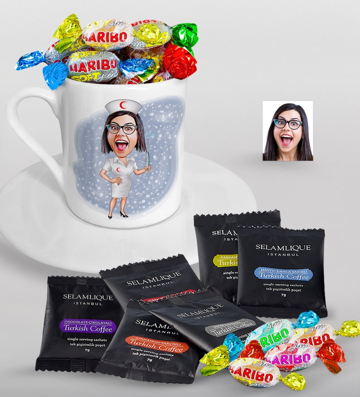 Kişiye Özel Hemşire Karikatürlü Türk Kahvesi Fincanı Selamlique Karışık Türk Kahvesi ve Haribo Şeker Hediye Seti-1