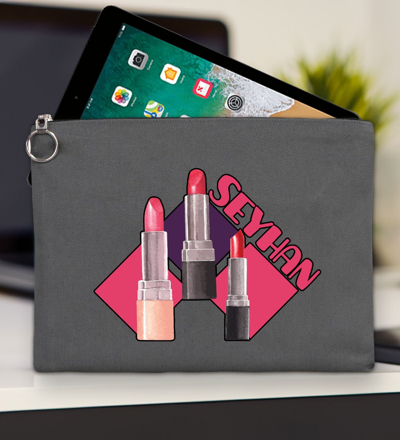 BK Gift Kişiye Özel İsimli-2 Antrasit Tablet Çantası 30x21cm, Ipad Çantası, Baskılı Tablet Kılıfı