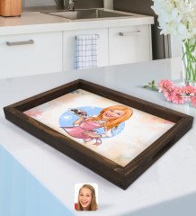 Kişiye Özel Kadın Aşçı Karikatürlü Doğal Ahşap Tepsi-4