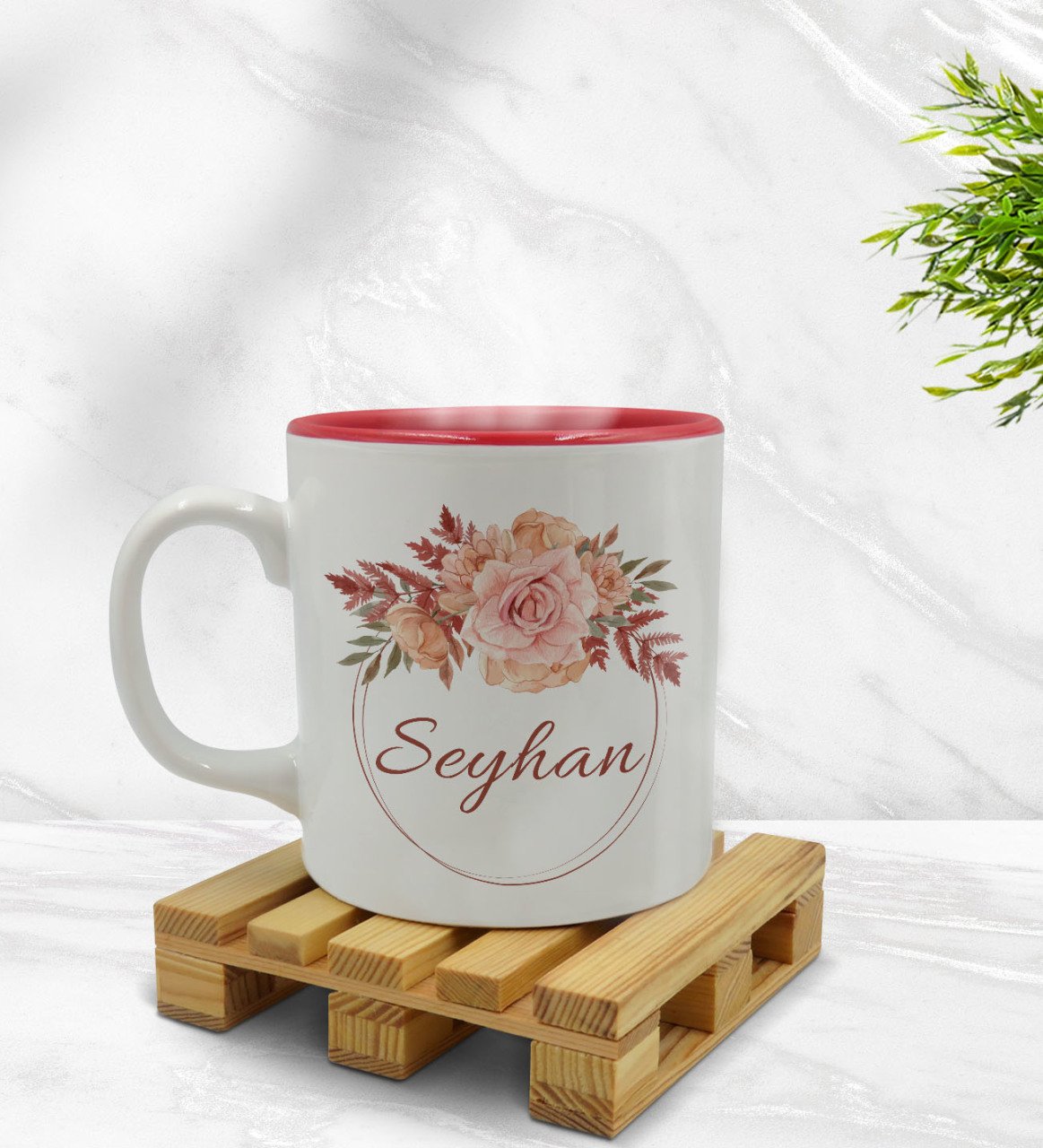 Kişiye Özel Çiçek Tasarımlı İçi Kırmızı Renkli Kupa Bardak Model 26