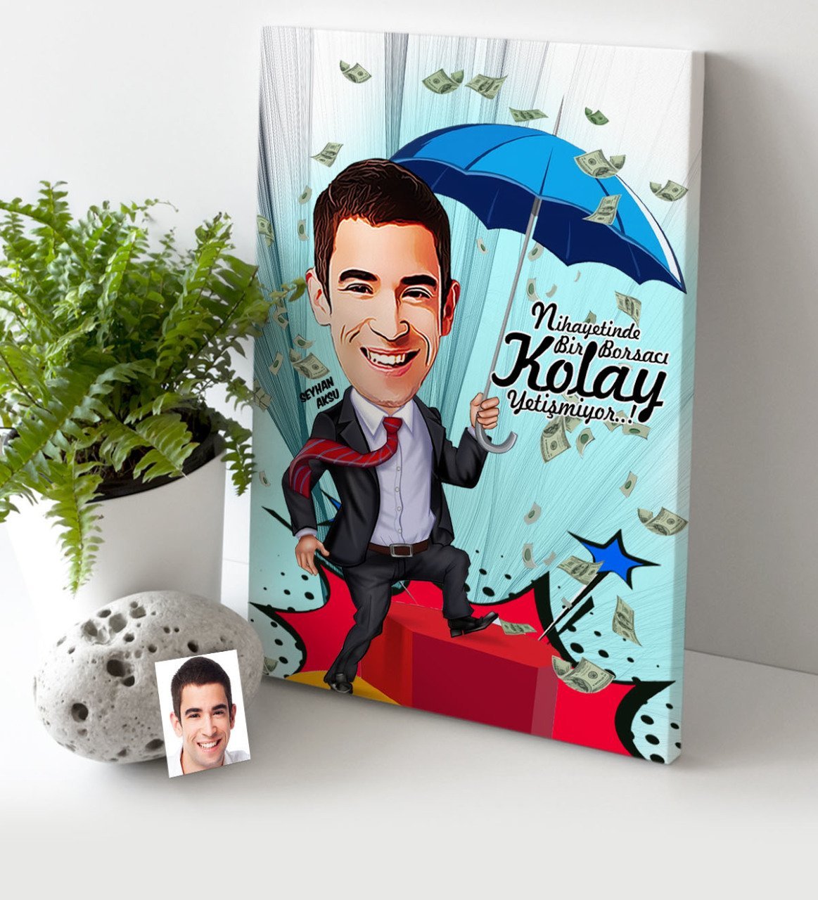 Kişiye Özel Bay Borsacı Karikatür Kanvas Tablo (30 x 50 cm.)