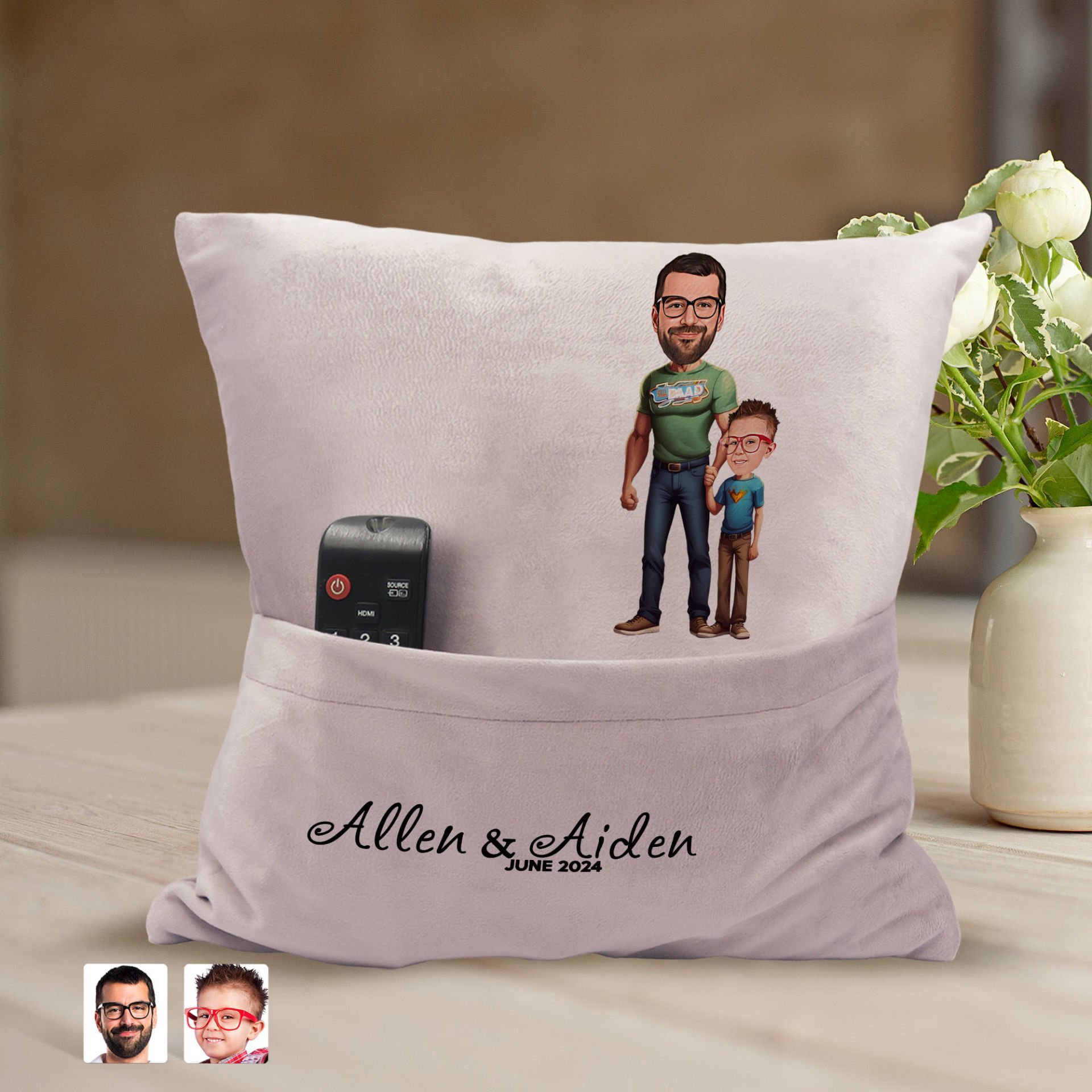 BK Gift Kişiye Özel Baba Oğul Karikatür Tasarımlı Organizer Kumanda ve Atıştırmalık Cepli Pembe Kırlent Yastık-21 Arkadaşa Hediye, Cepli Yastık