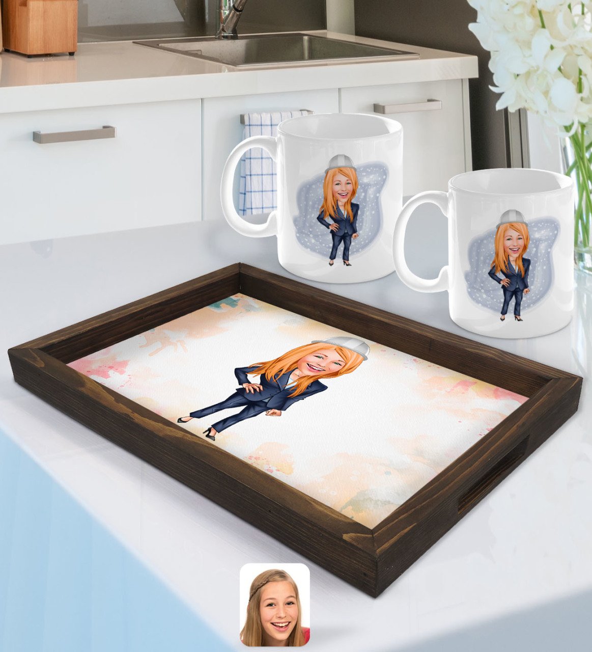 Kişiye Özel Kadın Mühendis Karikatürlü Doğal Ahşap Tepsi ve 2’li Kupa Bardak Seti