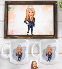 Kişiye Özel Kadın Mühendis Karikatürlü Doğal Ahşap Tepsi ve 2’li Kupa Bardak Seti