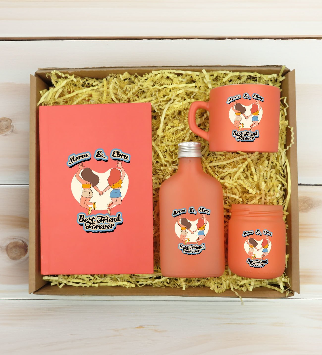 BK Gift Kişiye Özel İsimli DTF Best Friend Temalı Somon Defter & Kahve Fincanı & Kolonya & Mum Hediye Seti-6, Arkadaşa Hediye, Doğum Günü Hediyesi