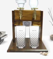 Kişiye Özel Renkli Baskılı İsimli İkili Rakı Bardağı ve Çift Musluklu Doğal Ahşap Rakı Standı-115
