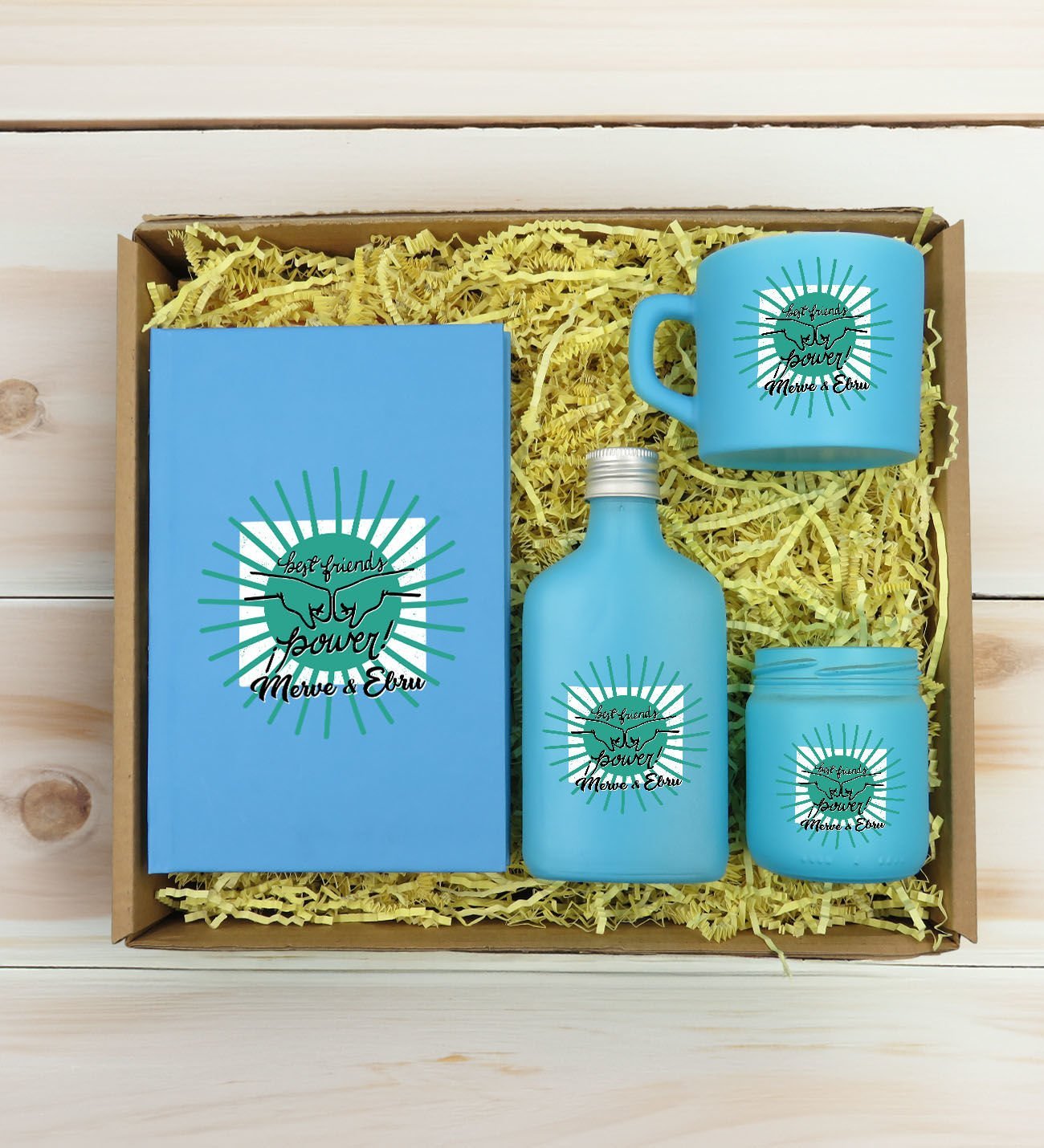 BK Gift Kişiye Özel İsimli DTF Best Friend Temalı Turkuaz Defter & Kahve Fincanı & Kolonya & Mum Hediye Seti-1, Arkadaşa Hediye, Doğum Günü Hediyesi