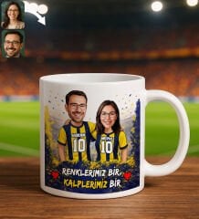 BK Gift Kişiye Özel İsimli Sarı-Lacivert Sevgili Karikatürlü Beyaz Kupa Bardak – İsim ve Forma Numaralı Taraftar Kupa, Doğum Günü Hediyesi