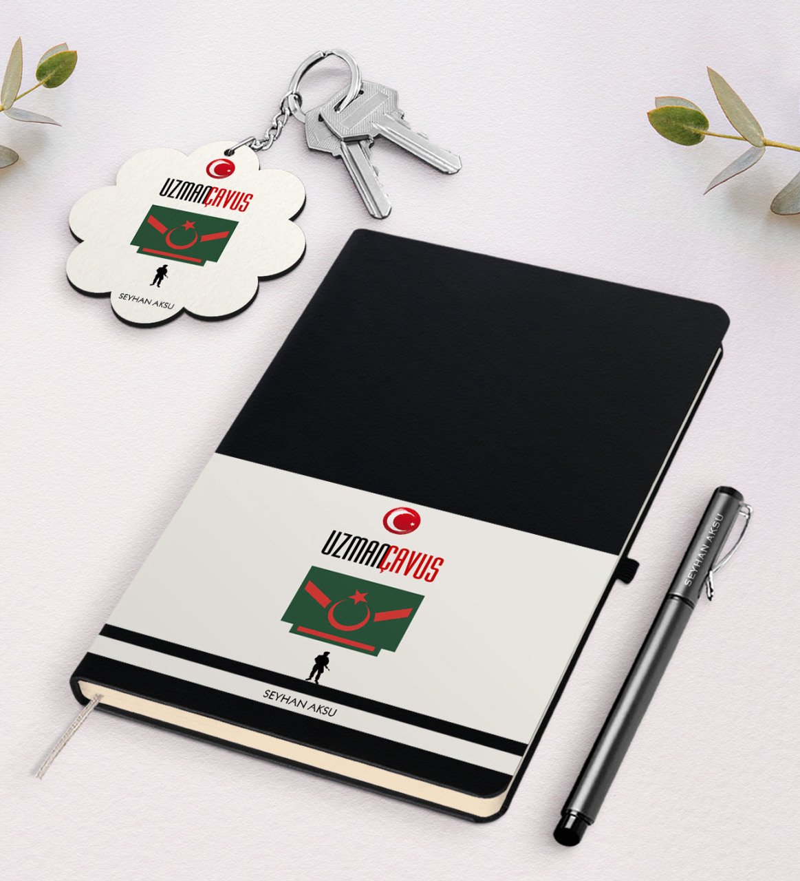 Kişiye Özel Uzman Çavuş Siyah Defter Kalem Ve Anahtarlık Hediye Seti
