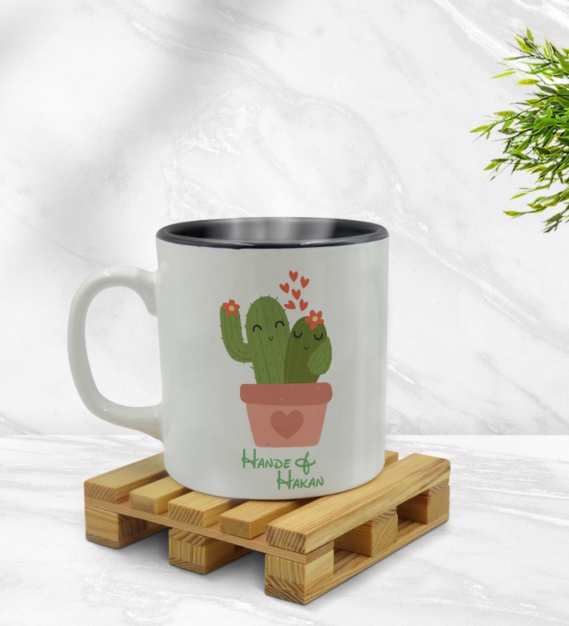 Kişiye Özel Kaktüs Tasarımlı İçi Siyah Renkli Kupa Bardak Model 11