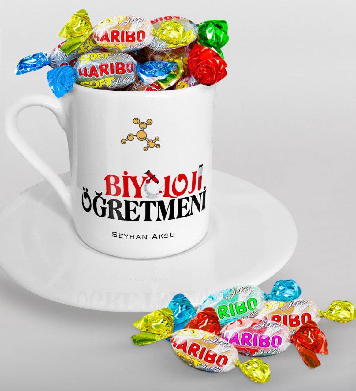 Kişiye Özel Biyoloji Öğretmeni Türk Kahvesi Fincanı ve Haribo Şeker Hediye Seti
