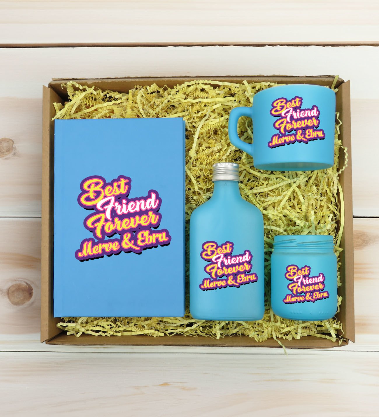 BK Gift Kişiye Özel İsimli DTF Best Friend Temalı Turkuaz Defter & Kahve Fincanı & Kolonya & Mum Hediye Seti-3, Arkadaşa Hediye, Doğum Günü Hediyesi