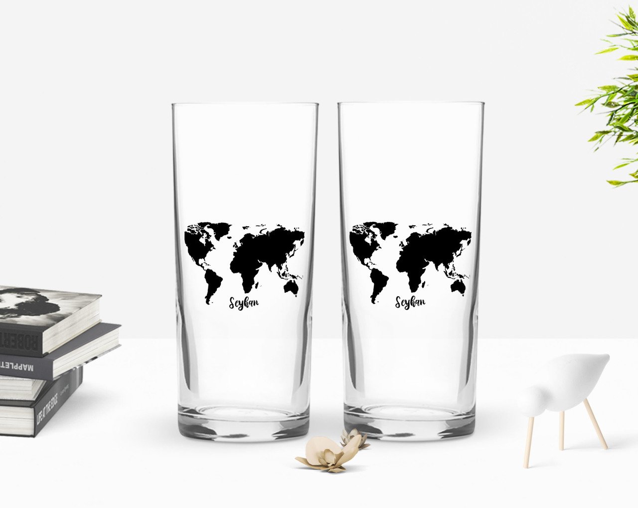Kişiye Özel Renkli Baskılı Dünya Haritalı İkili Rakı Bardağı Seti-1