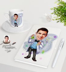 Kişiye Özel Erkek Kimya Öğretmeni Karikatürlü Beyaz Defter Kalem Türk Kahvesi Fincanı Seti-3