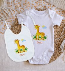 BK Kids Kişiye Özel İsimli Bebek Body Zıbın ve Mama Önlüğü Hediye Seti - Model 20
