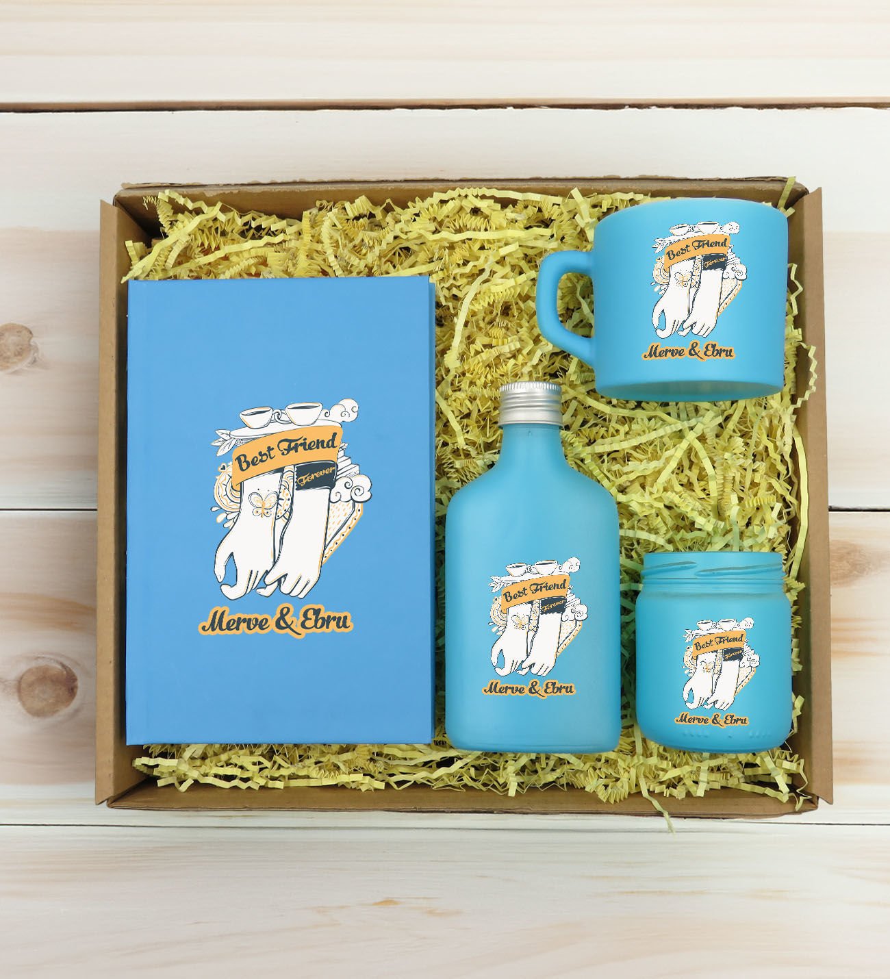 BK Gift Kişiye Özel İsimli DTF Best Friend Temalı Turkuaz Defter & Kahve Fincanı & Kolonya & Mum Hediye Seti-4, Arkadaşa Hediye, Doğum Günü Hediyesi