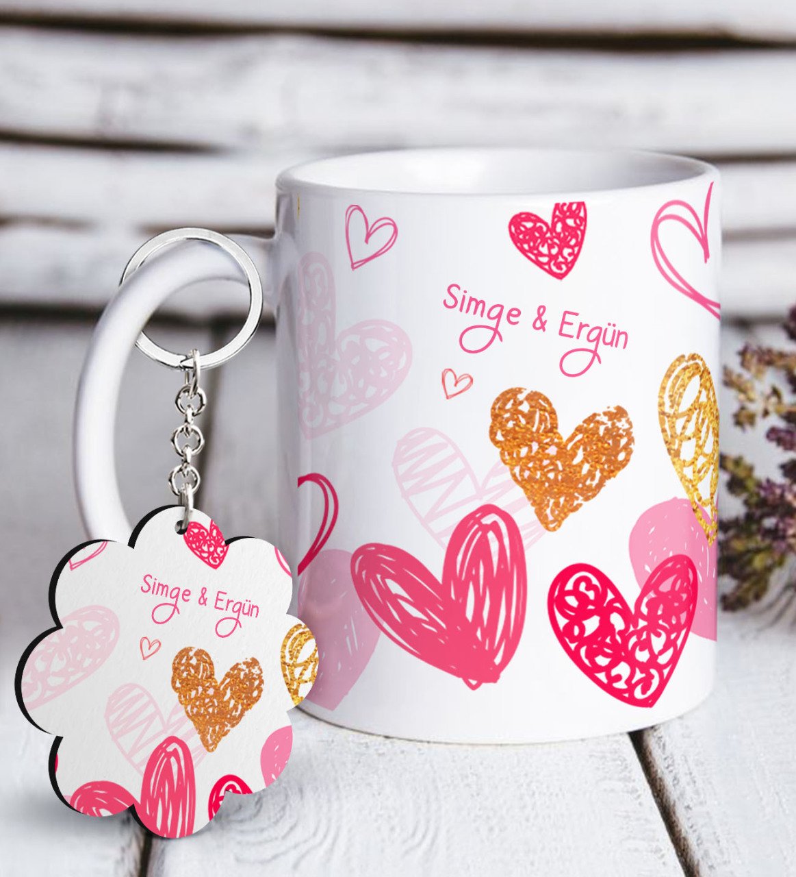 Kişiye Özel Sevgililer Günü Beyaz Kupa ve Anahtarlık Hediye Seti-50