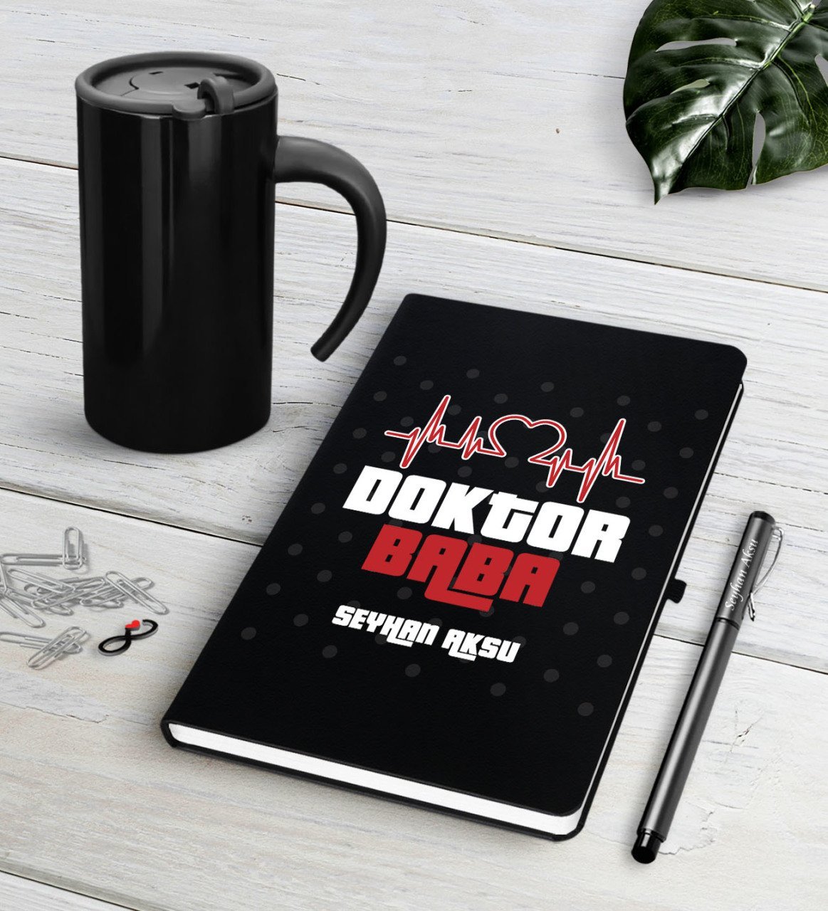 Kişiye Özel Doktor Baba Siyah Defter Kalem Termos Mug Seti-2