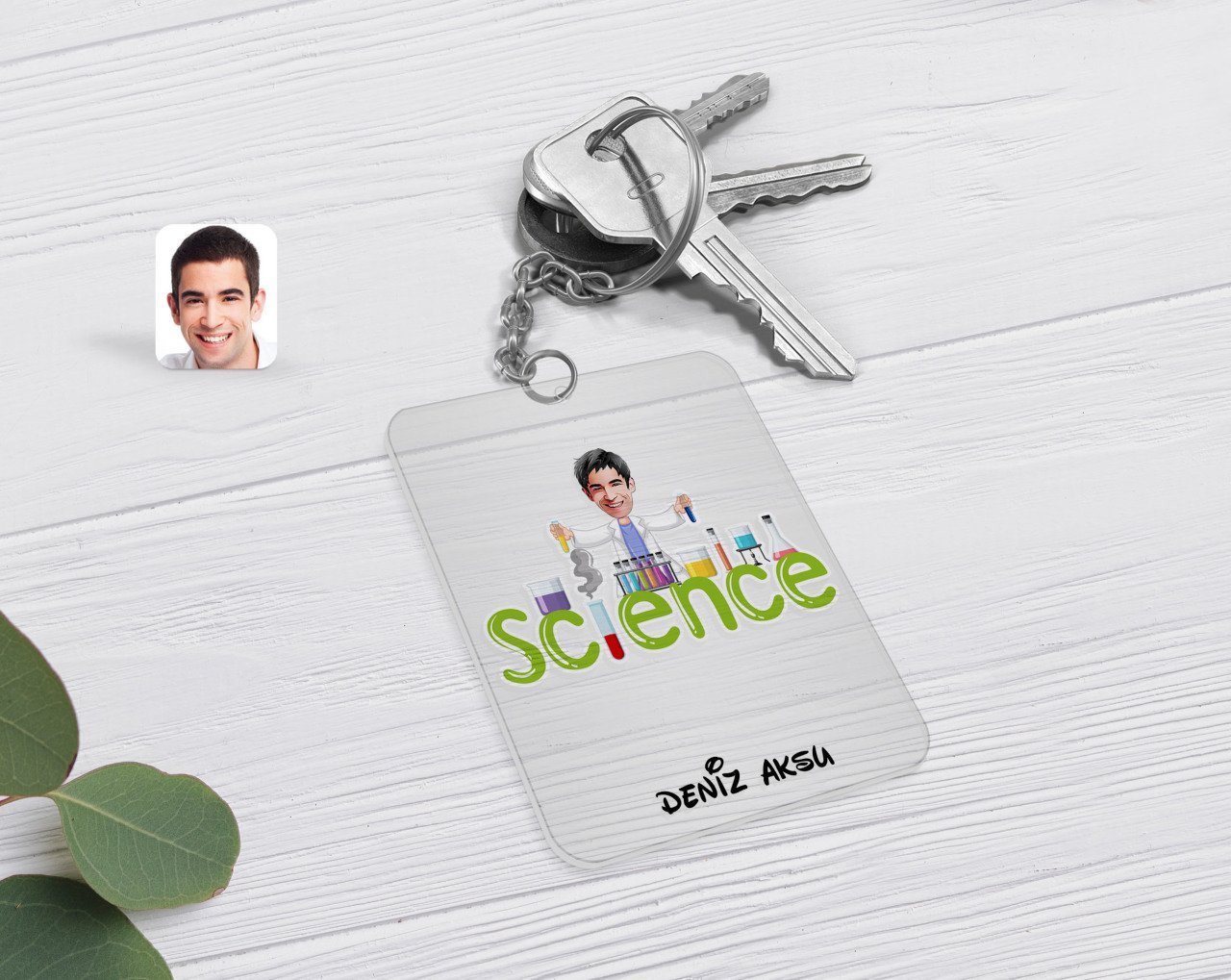 Kişiye Özel Erkek Fen Bilimleri Öğretmeni Karikatürlü Şeffaf Pleksi Anahtarlık-1