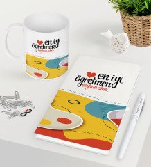 Kişiye Özel En İyi Öğretmen Beyaz Defter Kalem Kupa Seti-4