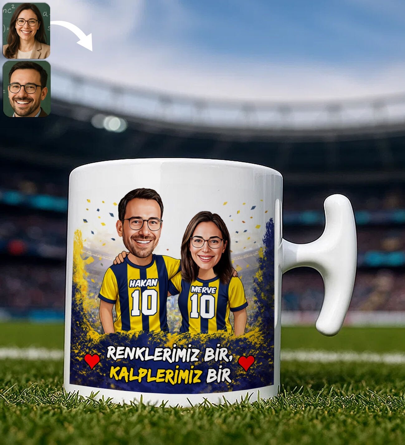 BK Gift Kişiye Özel İsimli Sarı-Lacivert Sevgili Karikatürlü Hammer Kupa Bardak – İsim ve Forma Numaralı Taraftar Kupa, Doğum Günü Hediyesi